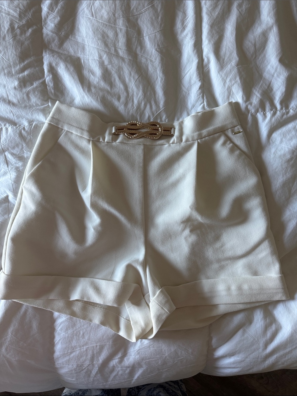 Guess Cream High-Waist Shorts with Gold Buckle